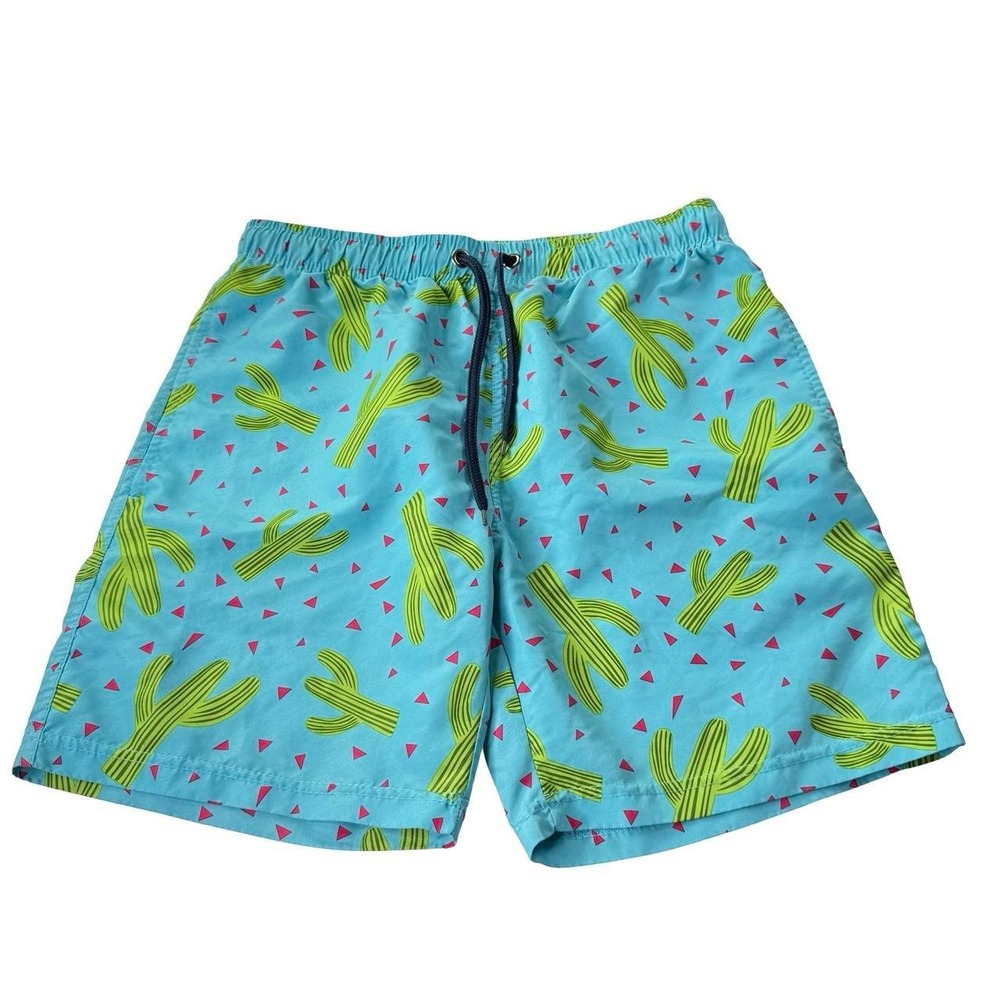 US Surf Club Cactus Print Swim Trunks Men's Small Blue Green Beach Board Shorts